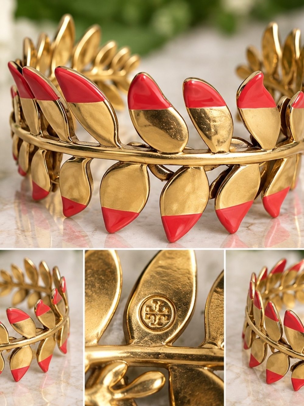 Tory Burch Gold-Tone Leaf Cuff Bracelet with Red Enamel Tips